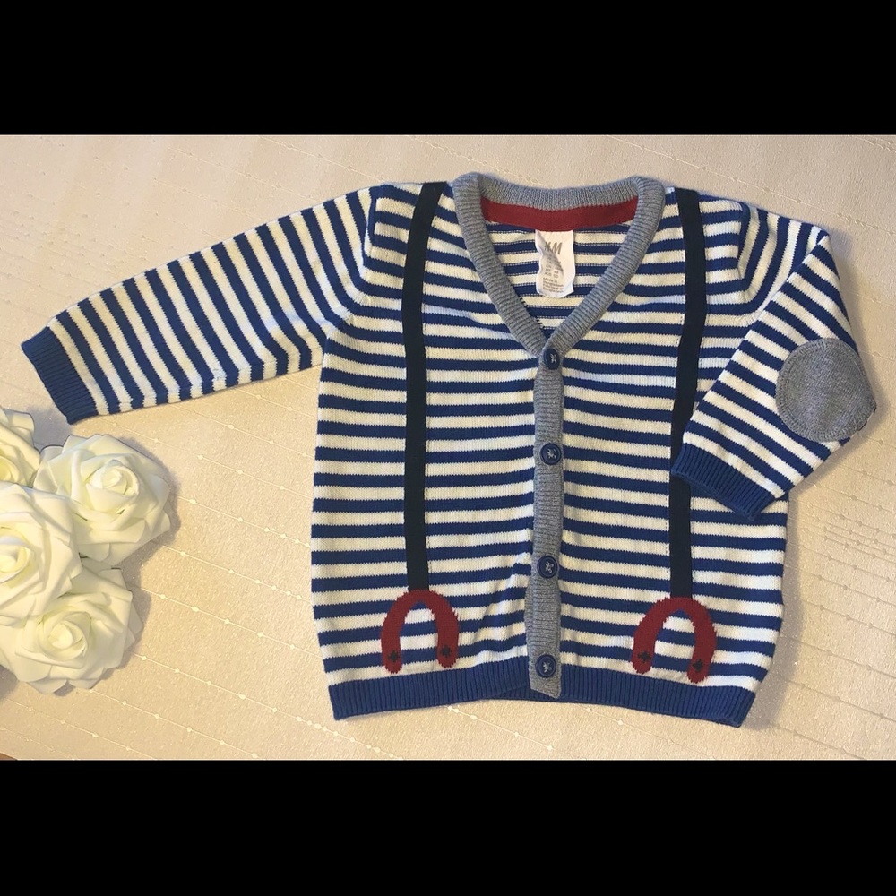 H&M Blue Striped Cardigan with Elbow Patches 4-6m